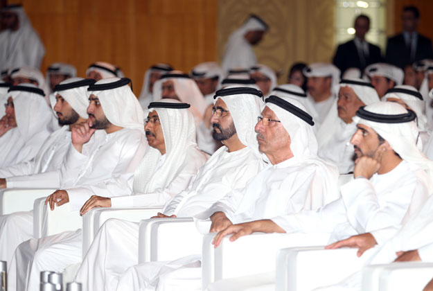 Shaikh Mohammed, Shaikh Hamdan, Shaikh Maktoum, other Shaikhs and business leaders at the launch of the strategic plan for developing the Islamic economy sector in Dubai on Saturday. — Wam 