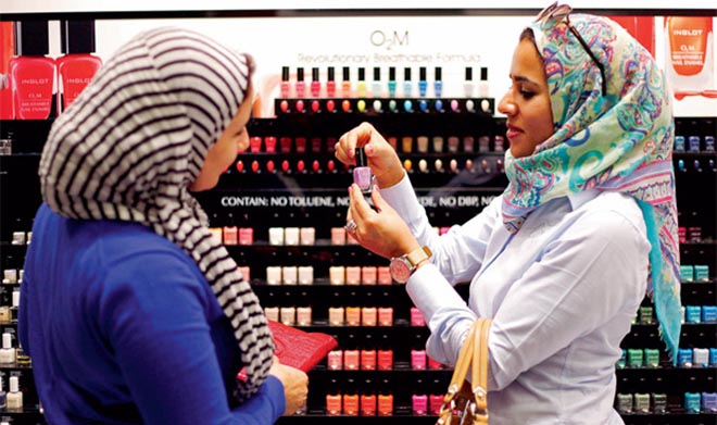 ‘Breathable’ nail polish on display in a Dubai shopping mall, which claims to let moisture and oxygen pass through to the nail so the wearer can properly wash as required before prayers. — Reuters